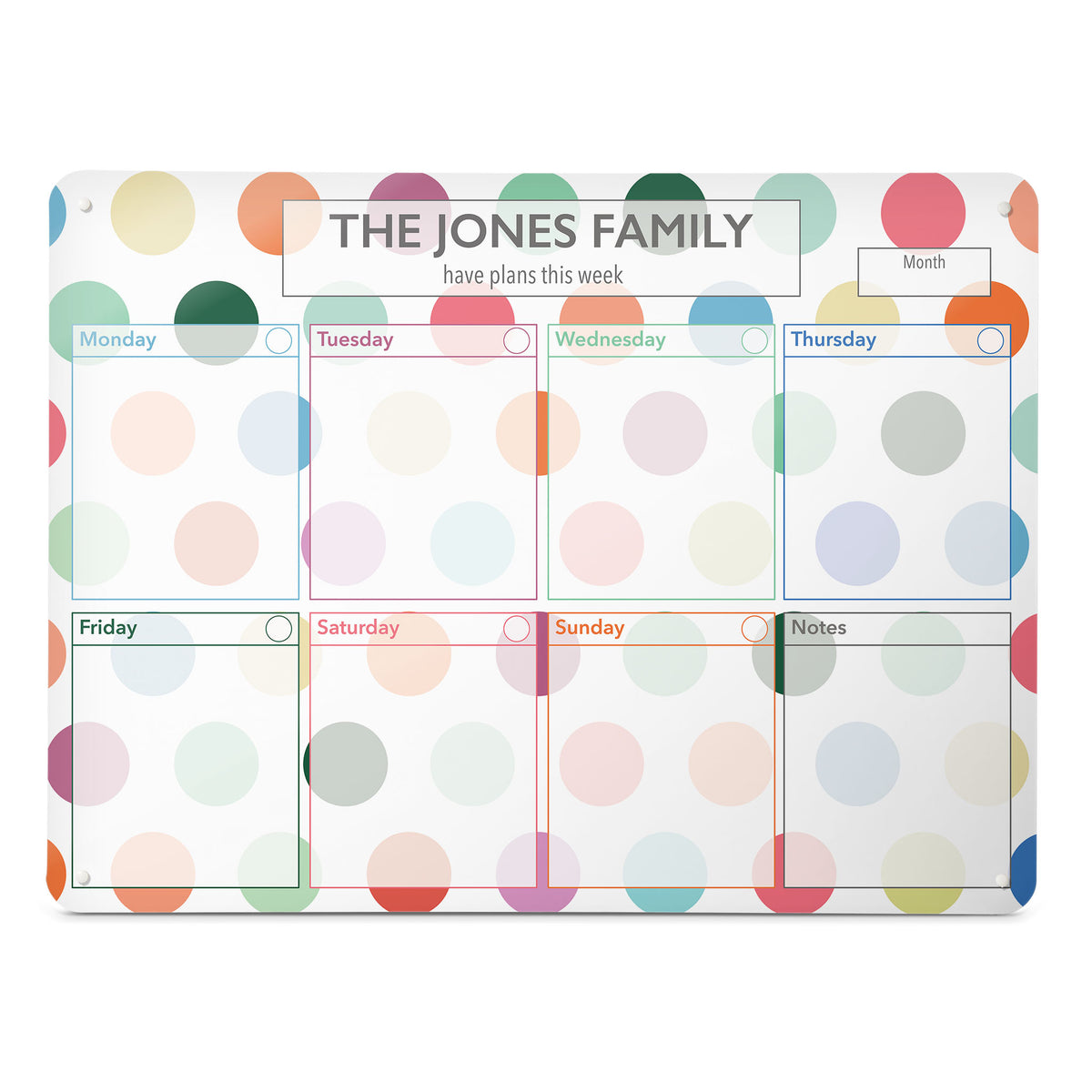 A large landscape format spots design weekly planner magnetic notice board by Beyond the Fridge personalised with a name