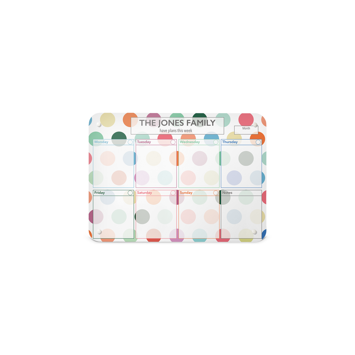 A small landscape format spots design weekly planner magnetic notice board by Beyond the Fridge personalised with a name