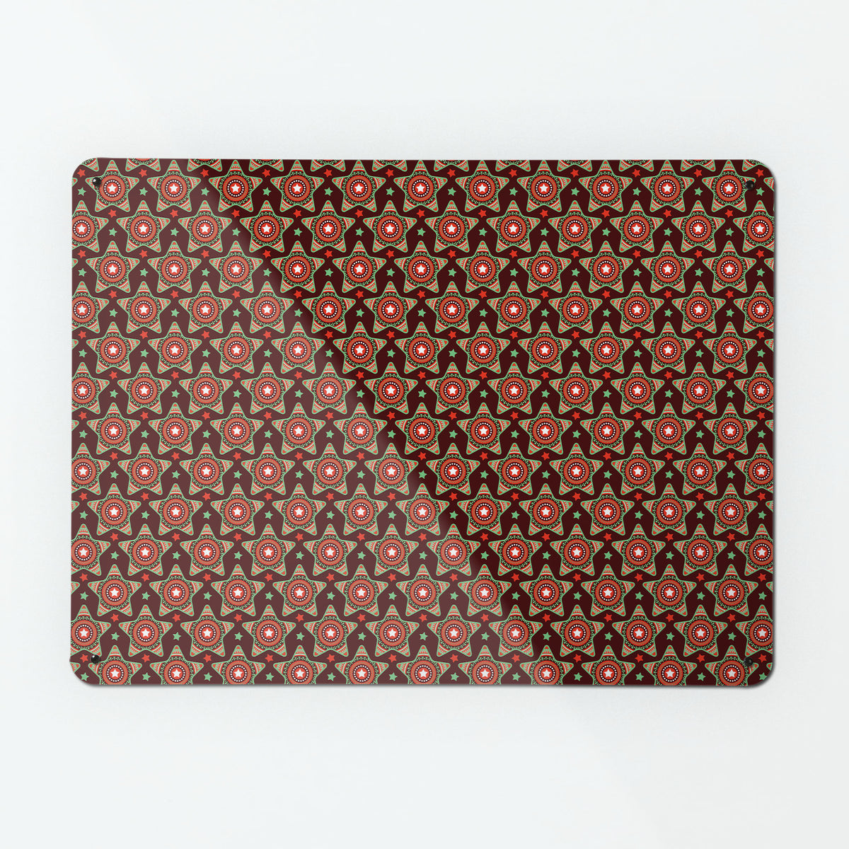 A large magnetic notice board by Beyond the Fridge with a stars on maroon pattern