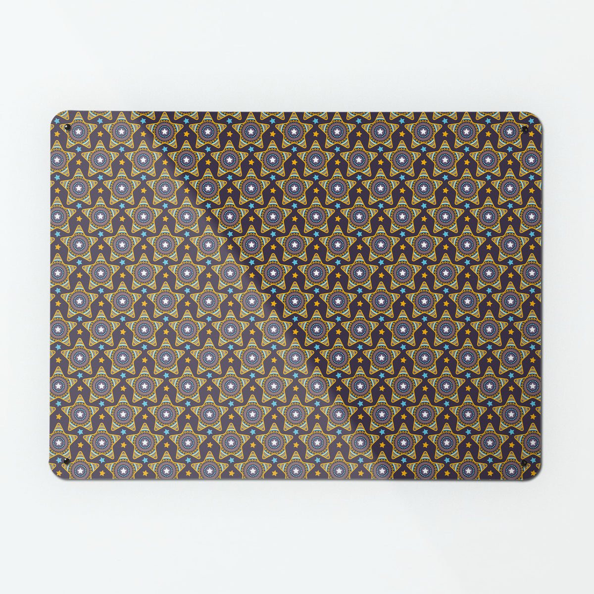 A large magnetic notice board by Beyond the Fridge with a stars on purple pattern