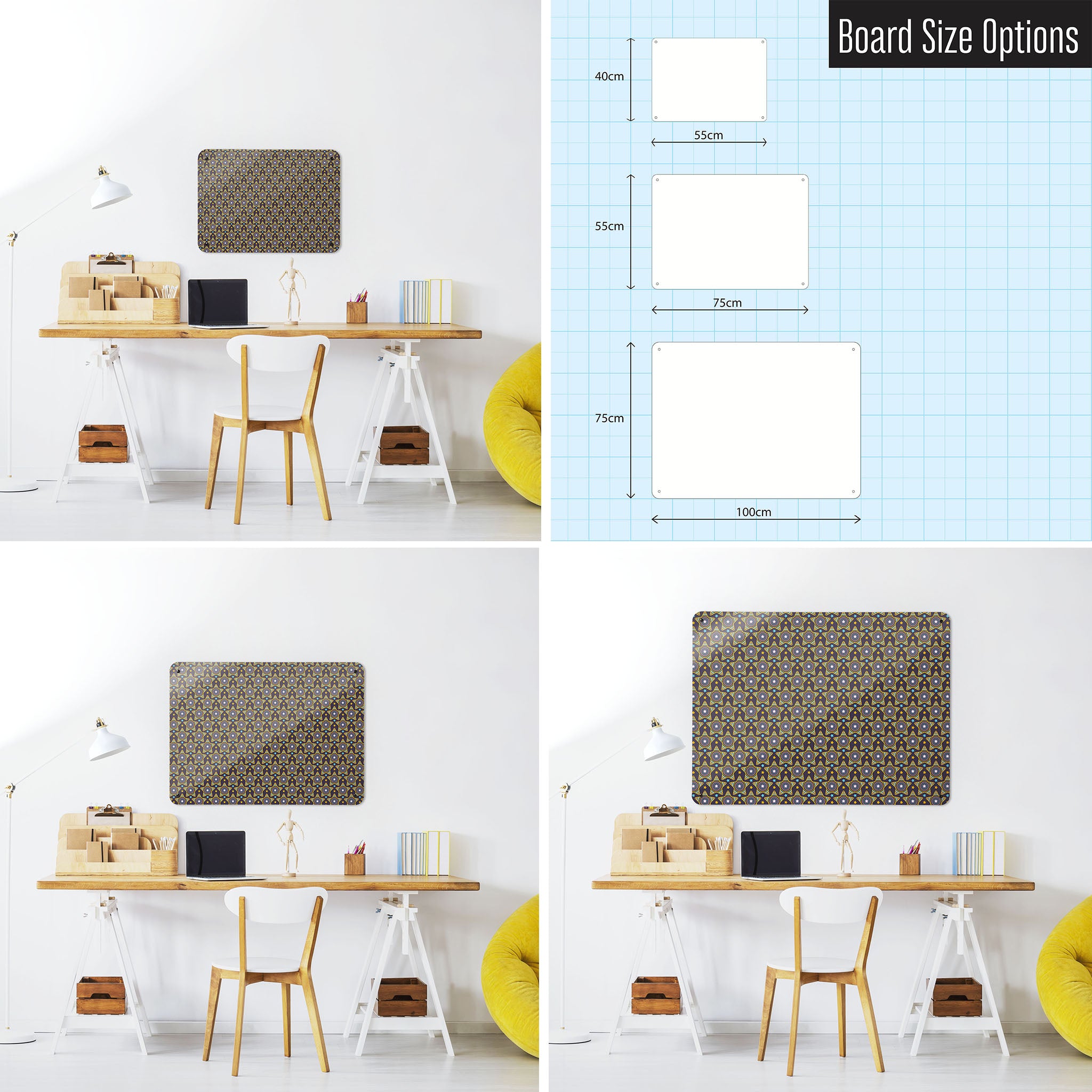 Three photographs of a workspace interior and a diagram to show size comparisons of a stars on purple design magnetic notice board