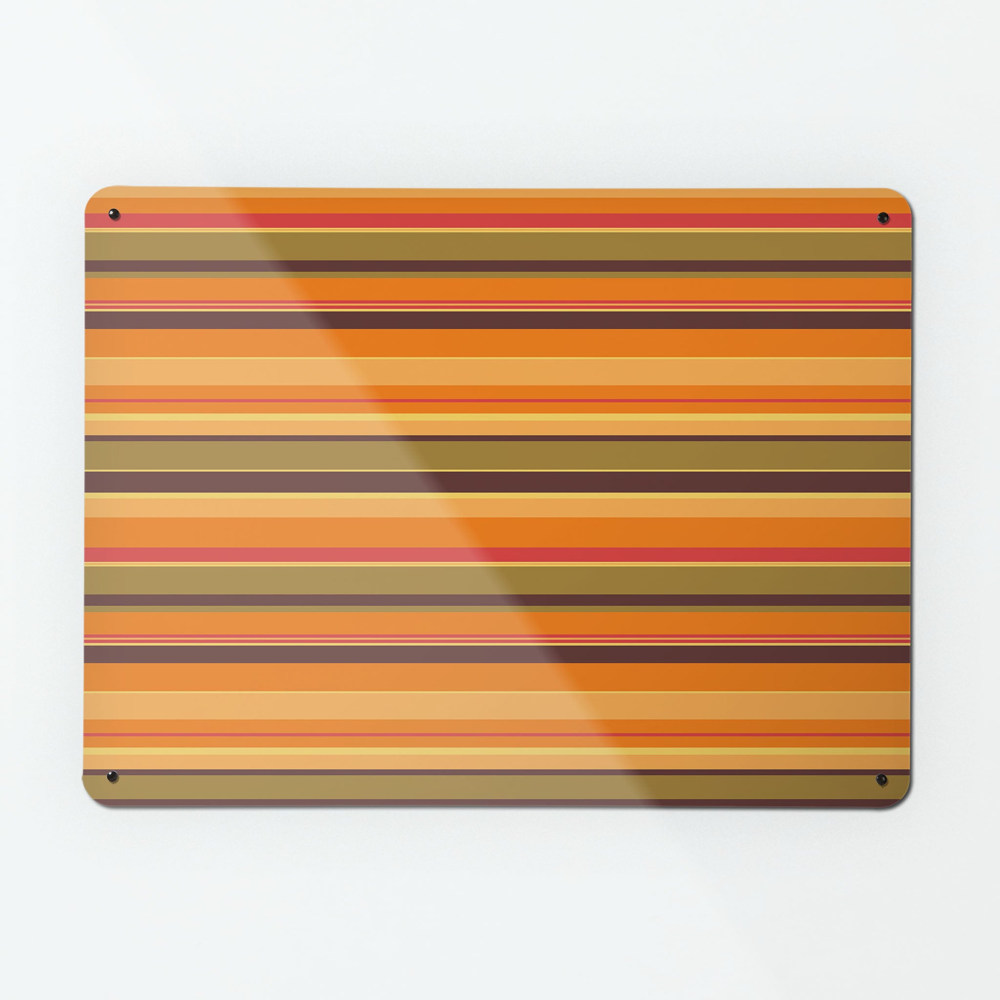A large magnetic notice board by Beyond the Fridge with a stripes design in pumpkin colour way