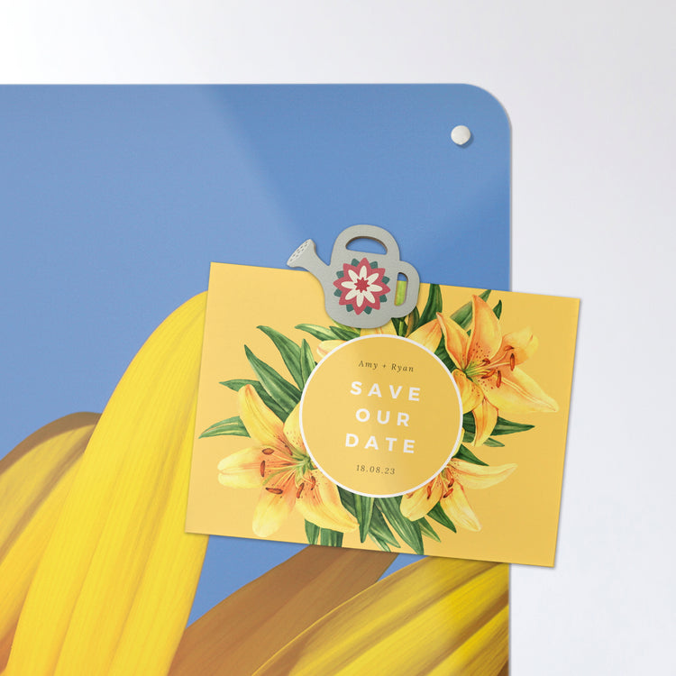 A postcard attached with a watering can design fridge magnet on a sunflower photographic magnetic board or metal wall art panel