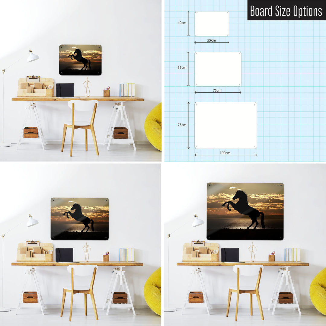 Three photographs of a workspace interior and a diagram to show size comparisons of a sunset horse photographic magnetic notice board