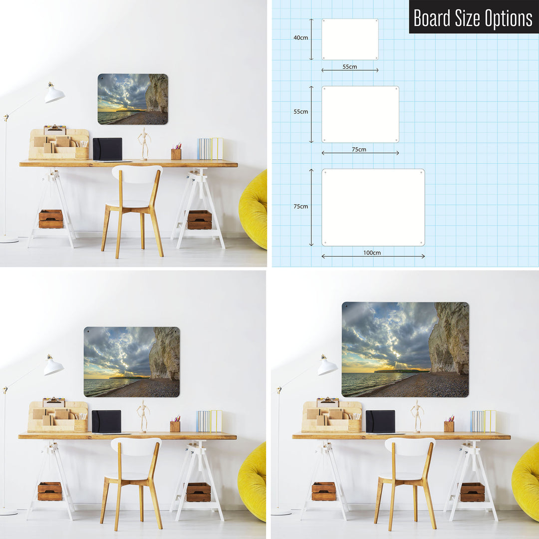 Three photographs of a workspace interior and a diagram to show size comparisons of a Sussex Coast Sunset photographic magnetic notice board