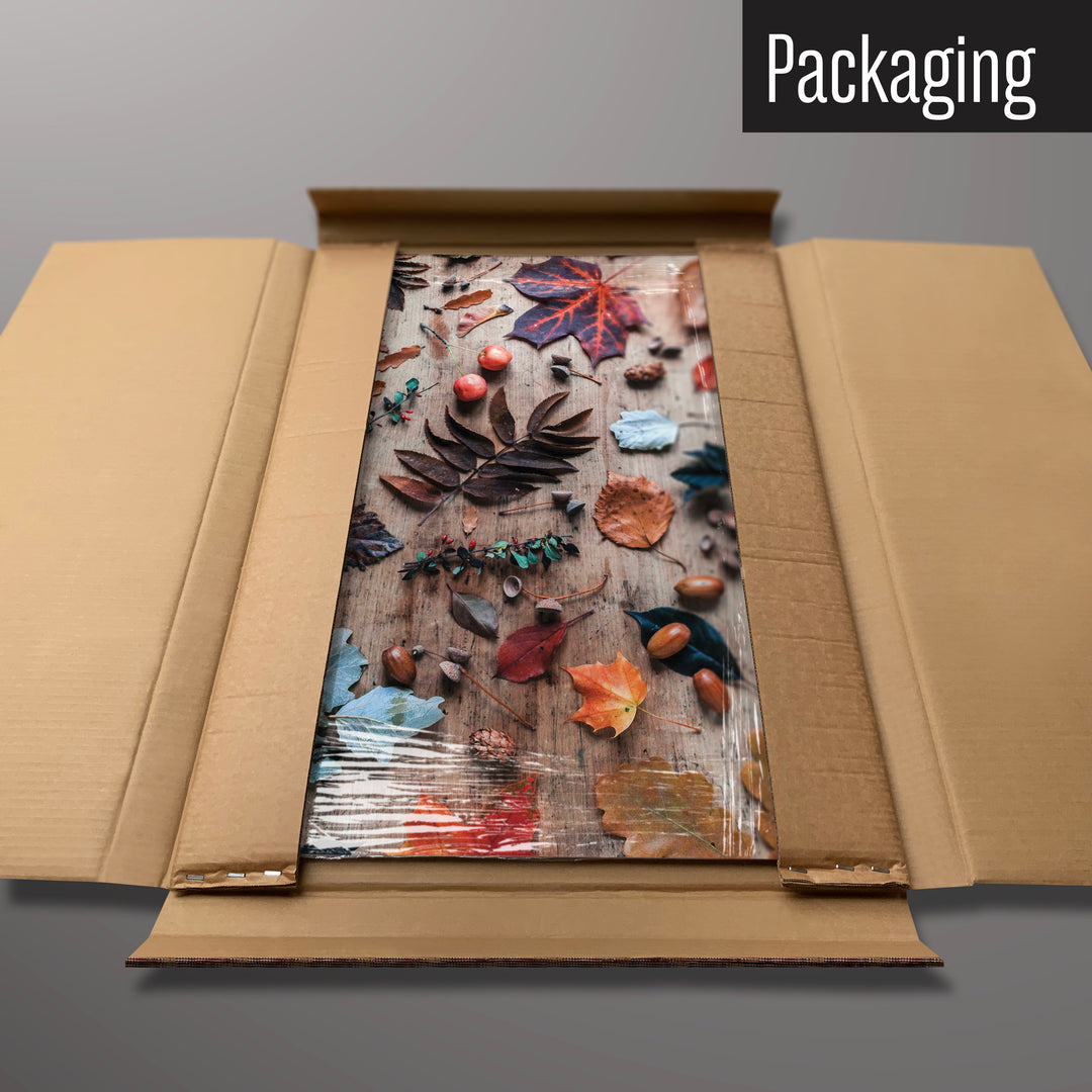 An autumn flatlay photographic magnetic board in it’s cardboard packaging