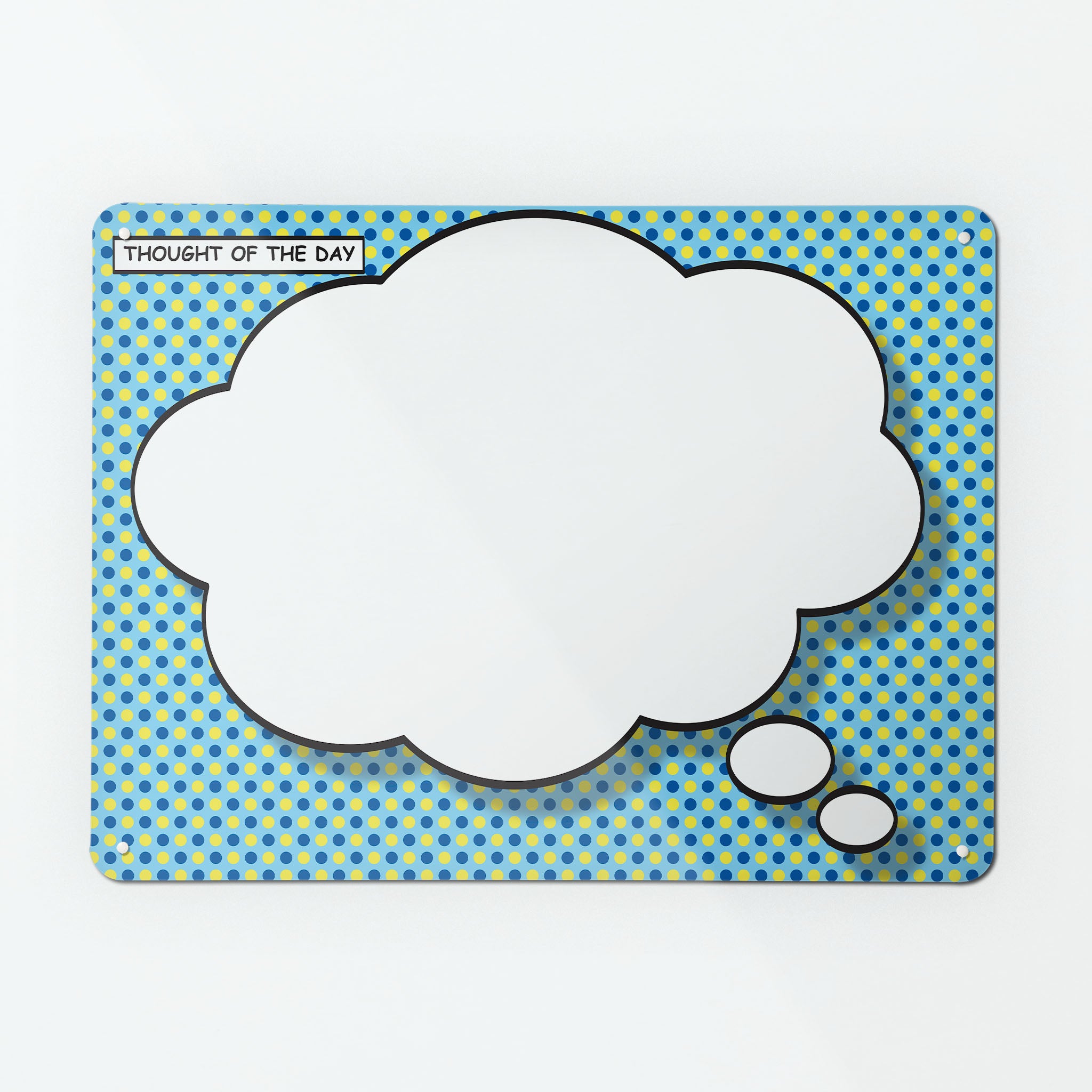 A large magnetic notice board by Beyond the Fridge with a cartoon thought bubble design in white on a blue and yellow background