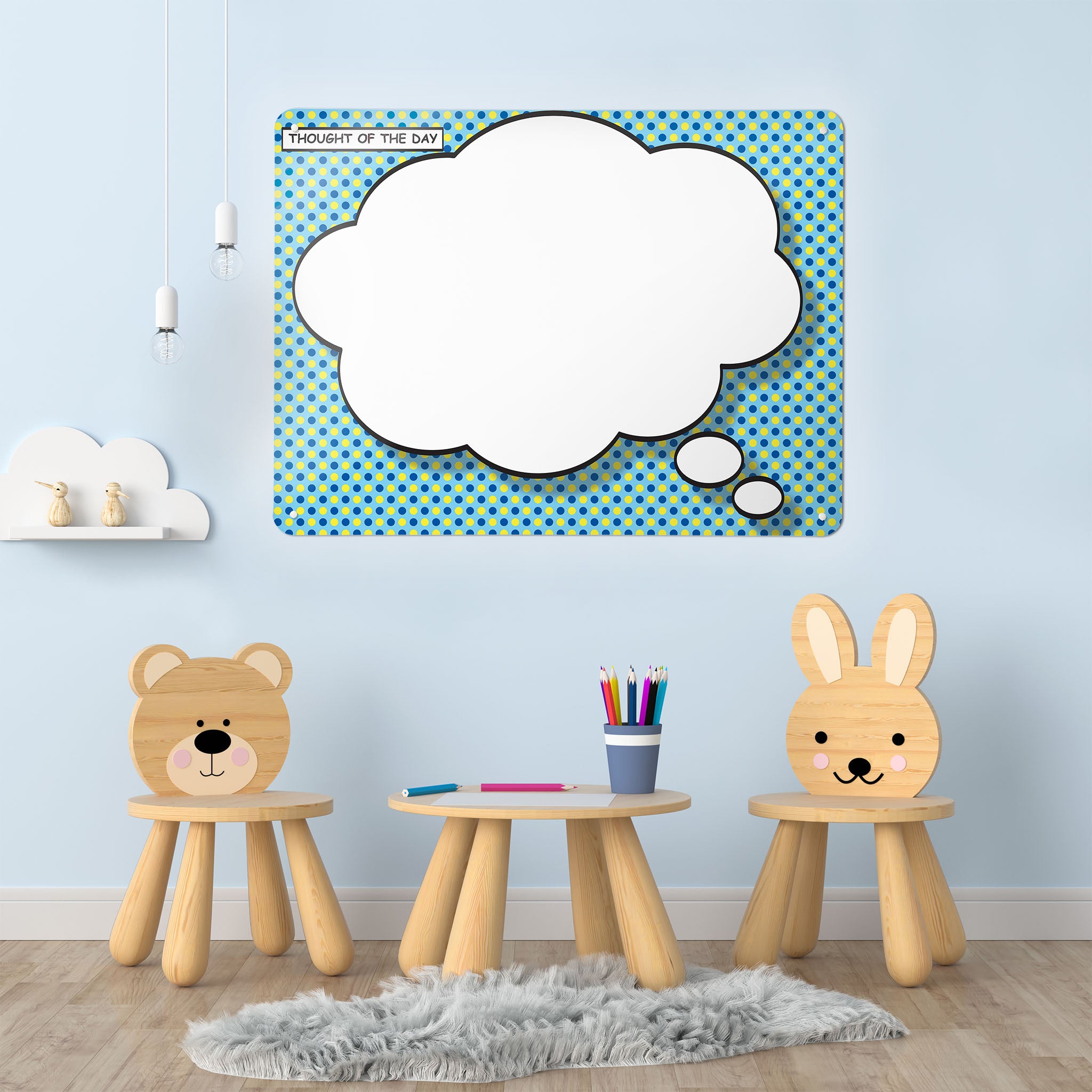 A playroom interior with a magnetic metal wall art panel showing a cartoon thought bubble design