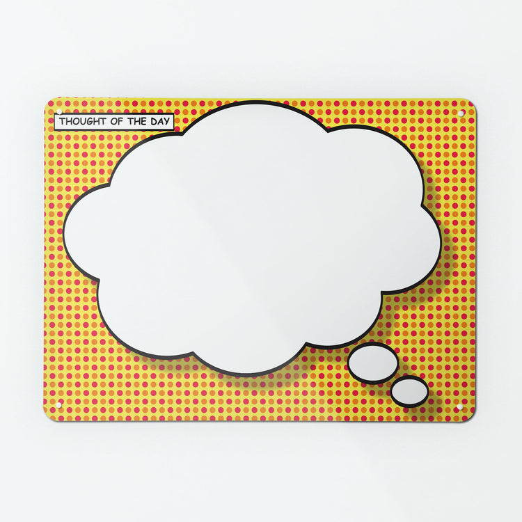 A large magnetic notice board by Beyond the Fridge with a cartoon thought bubble design in white on a red and yellow background