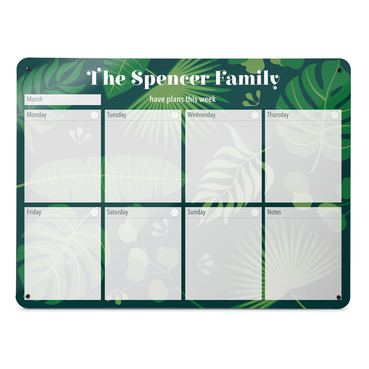 A large landscape format tropical leaves design weekly planner magnetic notice board by Beyond the Fridge personalised with a name