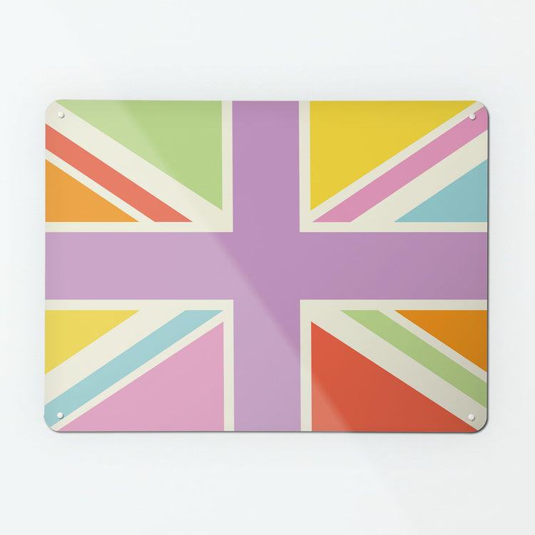A large magnetic notice board by Beyond the Fridge with a Union Jack design in multi colours