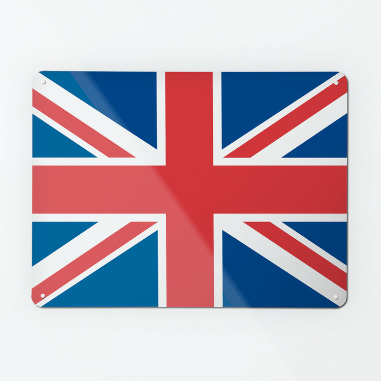 A large magnetic notice board by Beyond the Fridge with a Union Jack design in red white and blue