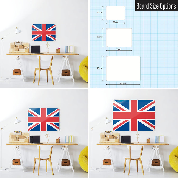 Three photographs of a workspace interior and a diagram to show size comparisons of a Union Jack flag design magnetic notice board