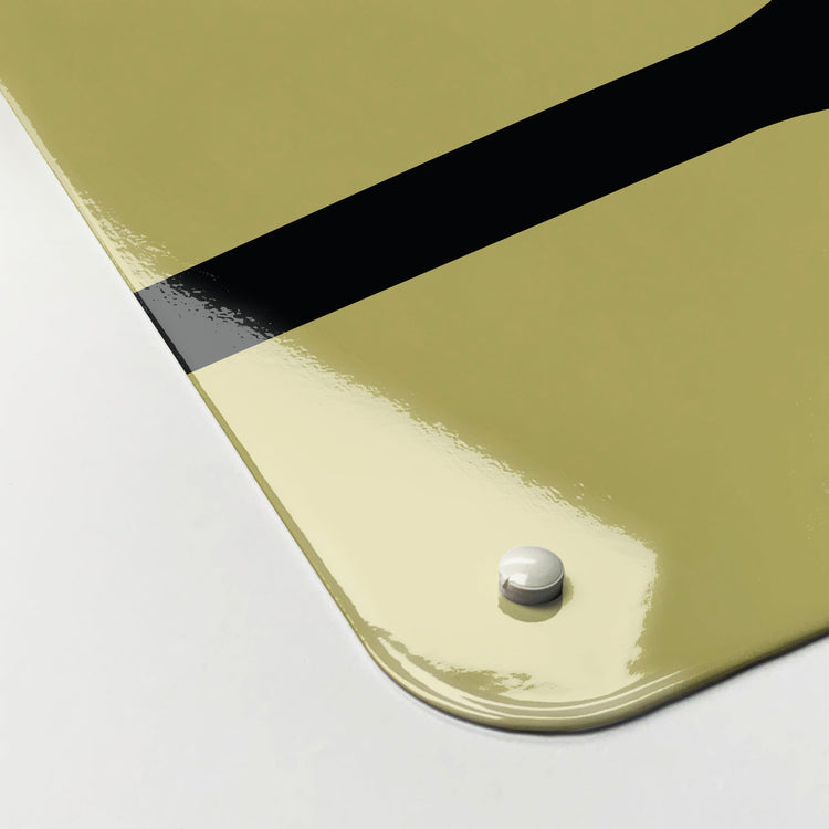 The corner detail of a light olive utensils design magnetic board to show it’s high gloss surface