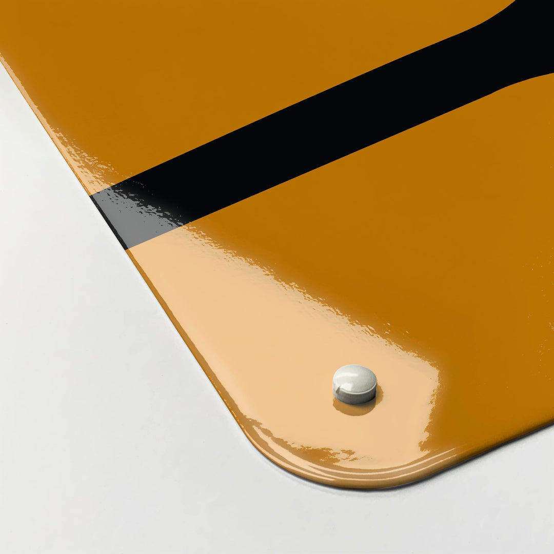 The corner detail of a orange utensils design magnetic board to show it’s high gloss surface