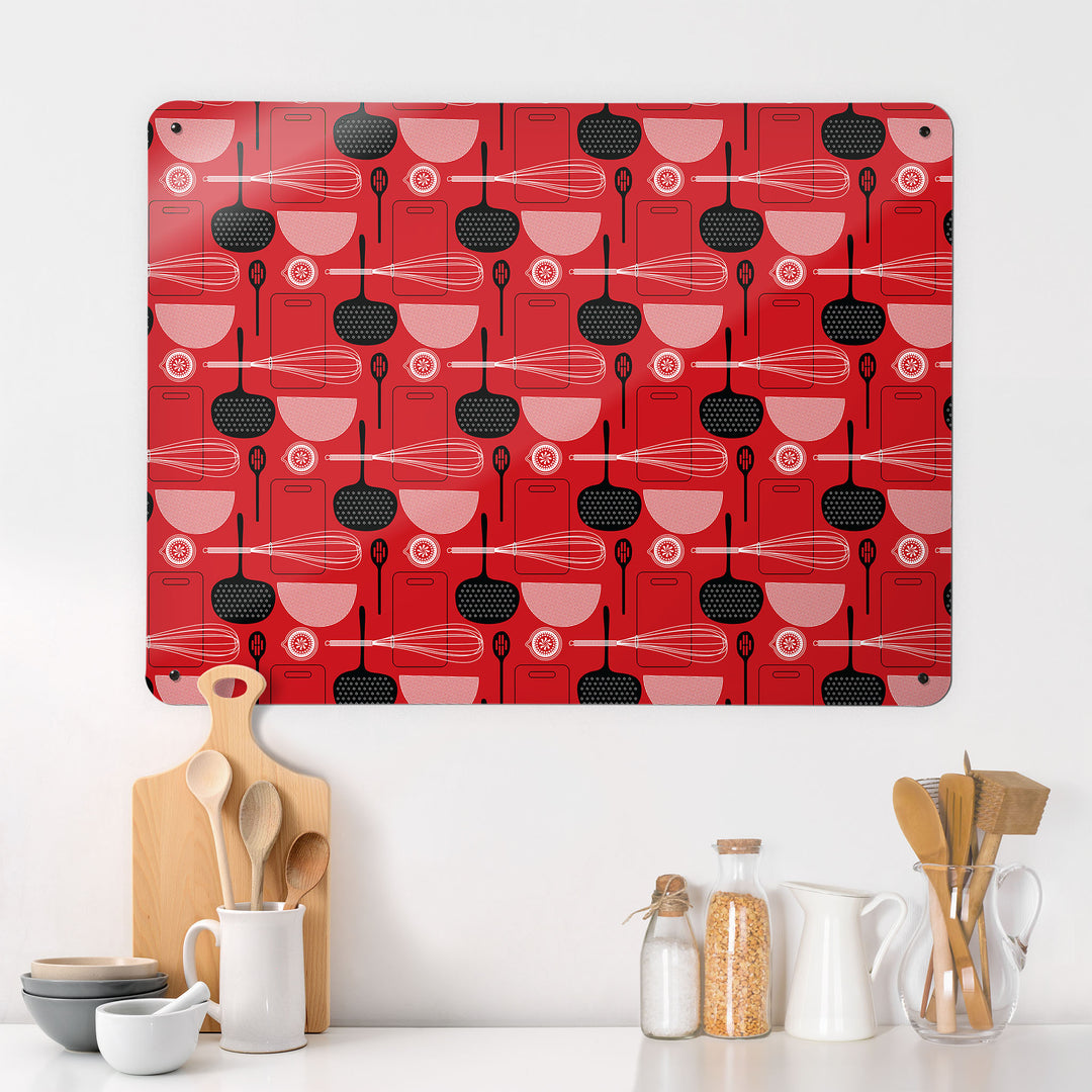 Beyond the Fridge Large A kitchen interior with a magnetic metal wall art panel showing a red utensils repeat pattern design 