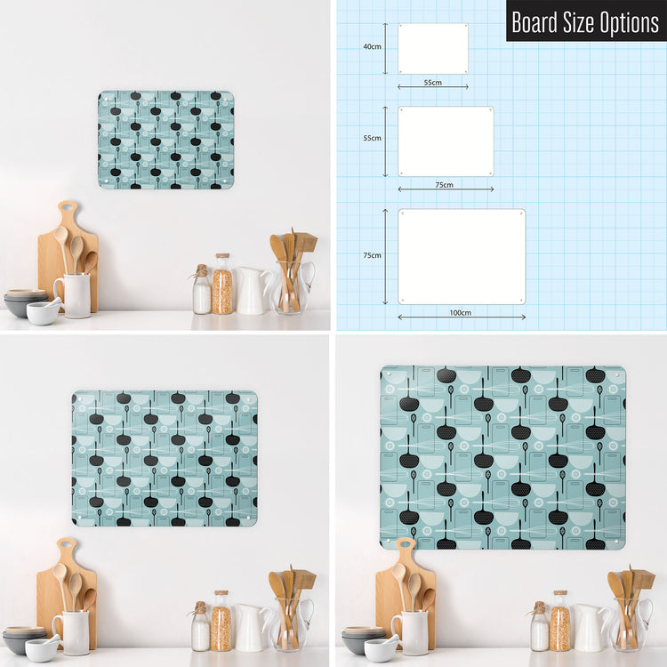 Three photographs of a workspace interior and a diagram to show size comparisons of a blue utensils repeat pattern design magnetic notice board