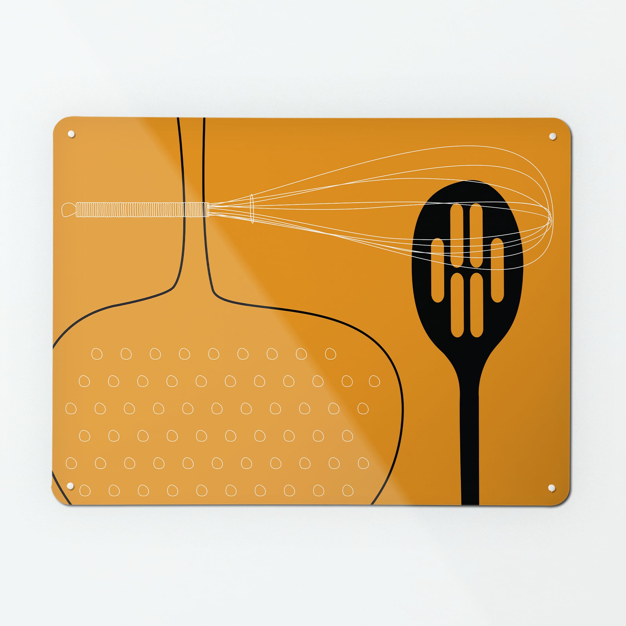 A large magnetic notice board by Beyond the Fridge with a utensils design in orange colour way