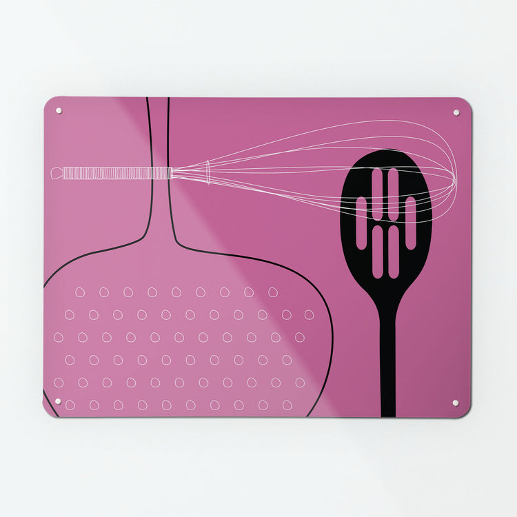 A large magnetic notice board by Beyond the Fridge with a utensils design in pink colour way