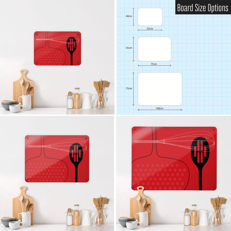 Three photographs of a workspace interior and a diagram to show size comparisons of a red utensils design magnetic notice board