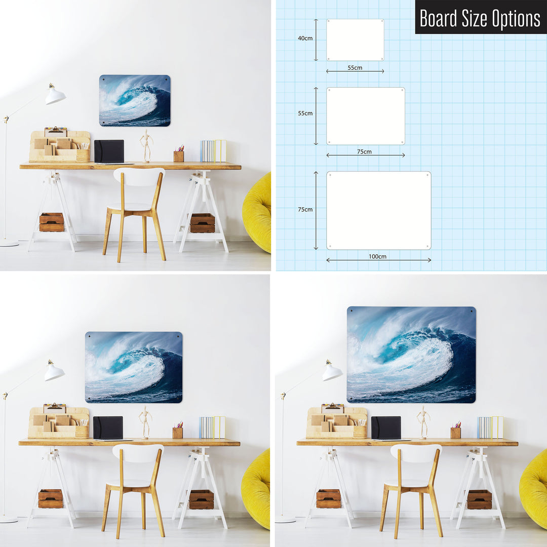 Three photographs of a workspace interior and a diagram to show size comparisons of an ocean wave photographic magnetic notice board