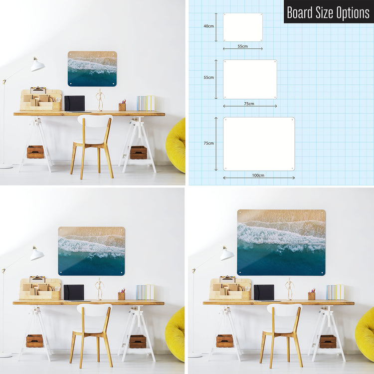 Three photographs of a workspace interior and a diagram to show size comparisons of a waves on the shore photographic magnetic notice board