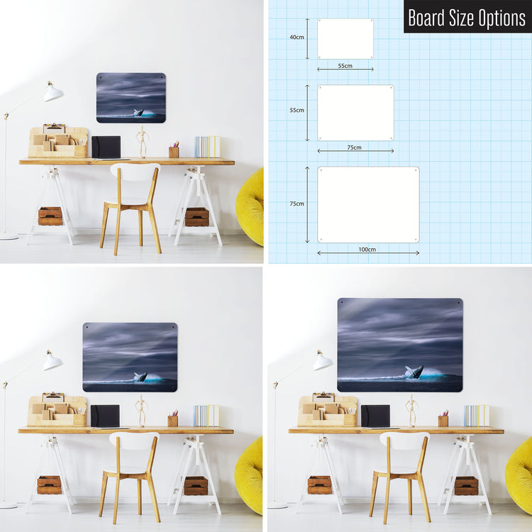 Three photographs of a workspace interior and a diagram to show size comparisons of a whale photographic magnetic notice board