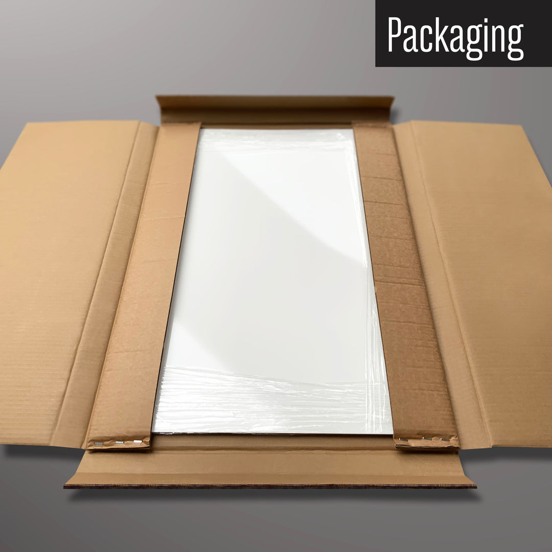 A plain white magnetic board in it’s cardboard packaging