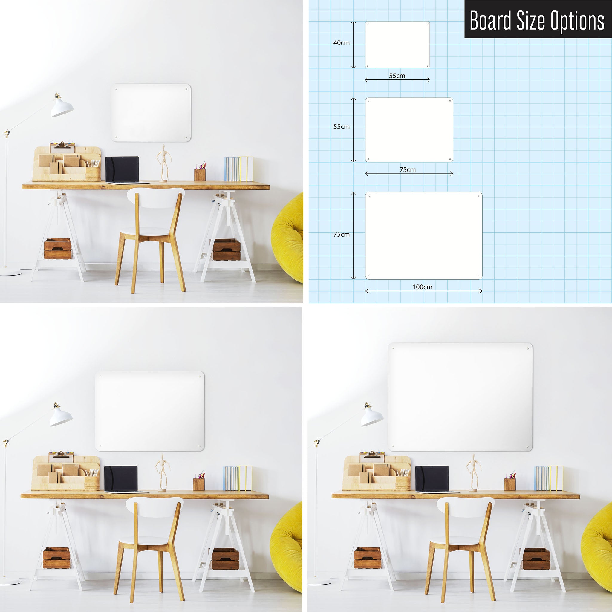 Three photographs of a workspace interior and a diagram to show size comparisons of a plain white magnetic notice board
