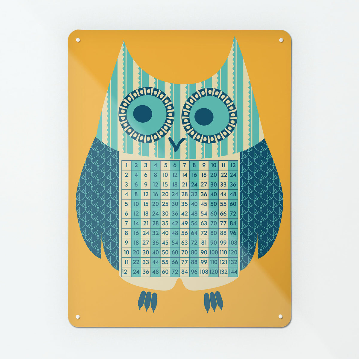 A large magnetic notice board by Beyond the Fridge with an illustration of an owl with a times tables design in blue, cream, teal and orange