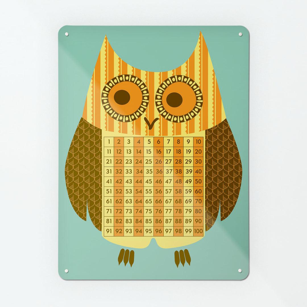A large magnetic notice board by Beyond the Fridge with an illustration of an owl with a number square design in teal , yellow orange and brown