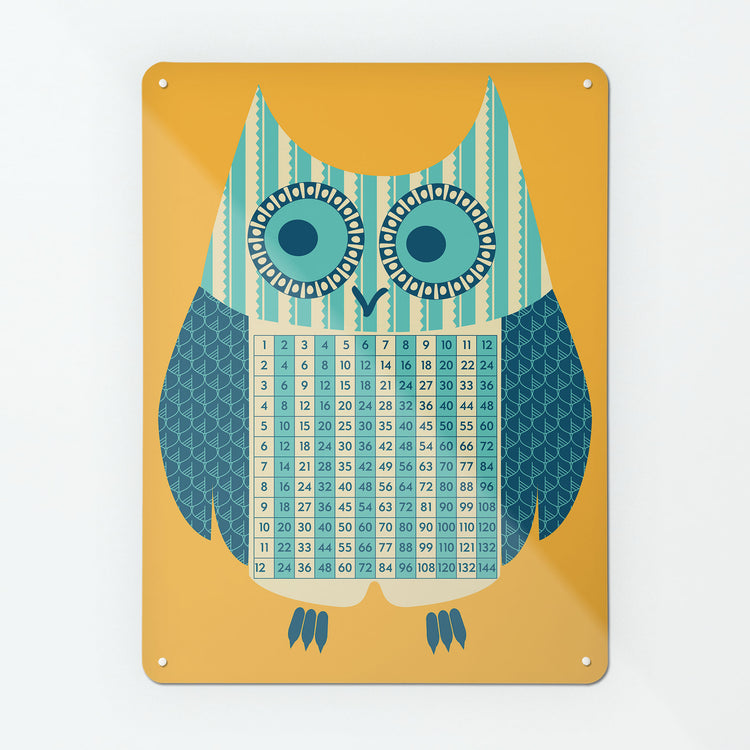 A large magnetic notice board by Beyond the Fridge with an illustration of an owl with a times tables design in blue, cream, teal and orange