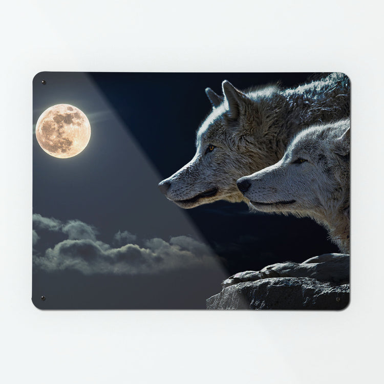A large magnetic notice board by Beyond the Fridge with a photographic image of two wolves with a night sky and full moon