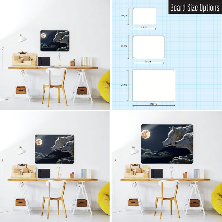 Three photographs of a workspace interior and a diagram to show size comparisons of a wolves under the moon photographic magnetic notice board