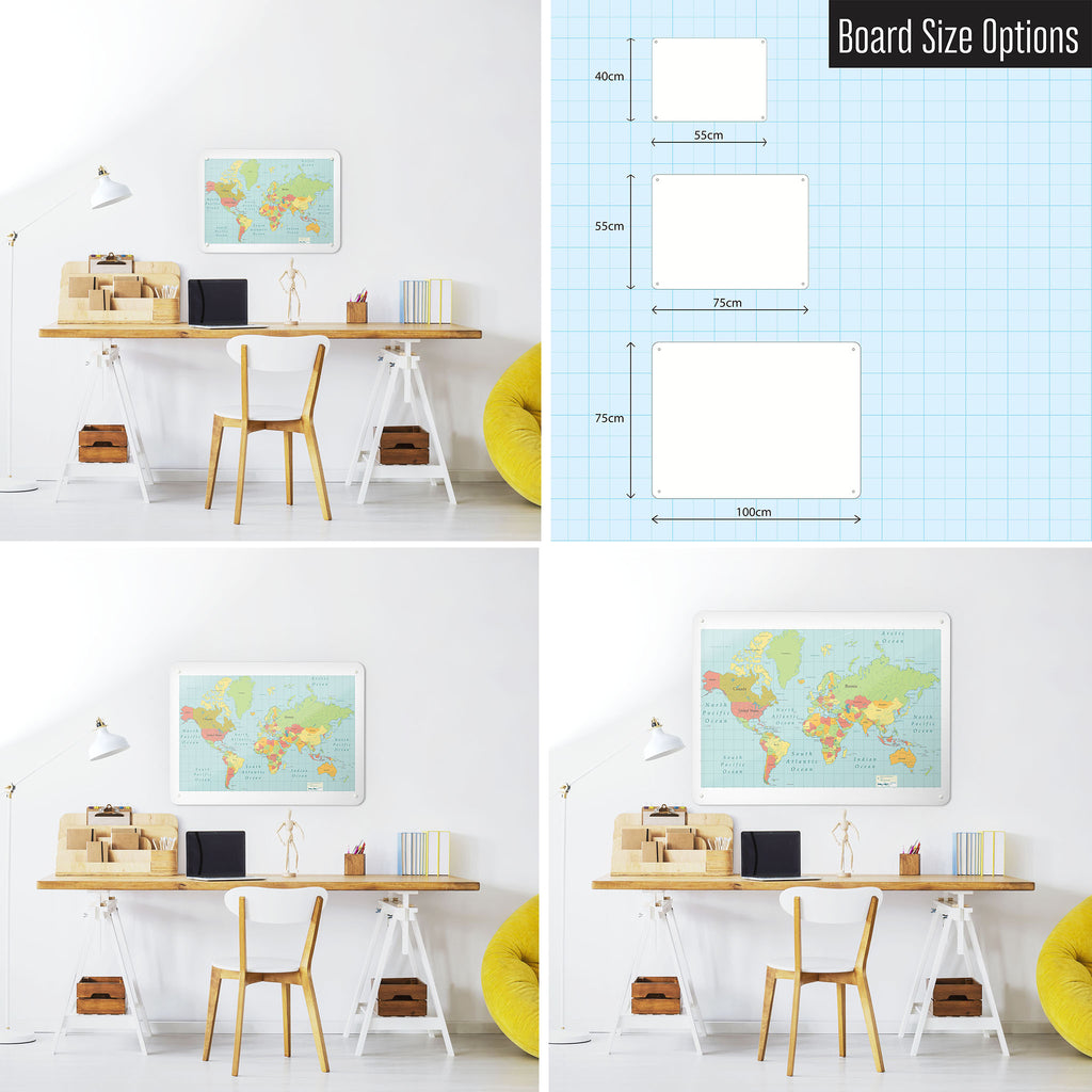 Three photographs of a workspace interior and a diagram to show size comparisons of a world map design magnetic notice board