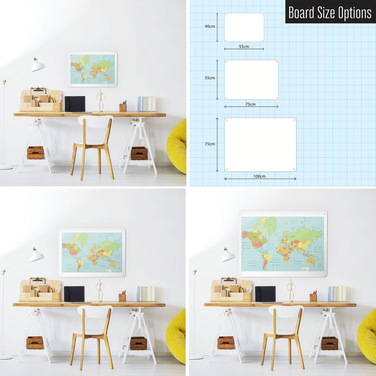 Three photographs of a workspace interior and a diagram to show size comparisons of a world map design magnetic notice board