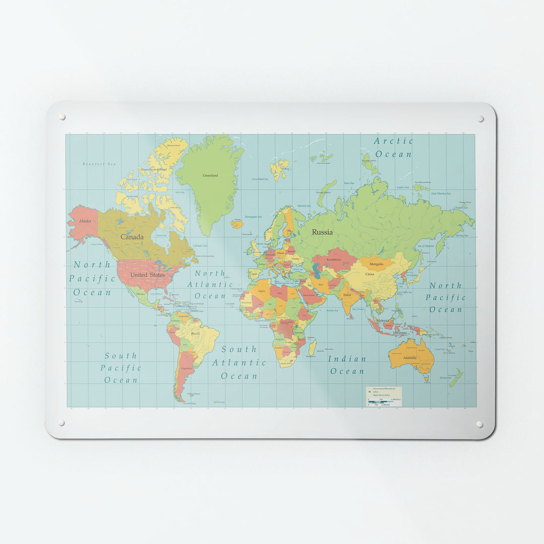 A large magnetic notice board by Beyond the Fridge with a world map design
