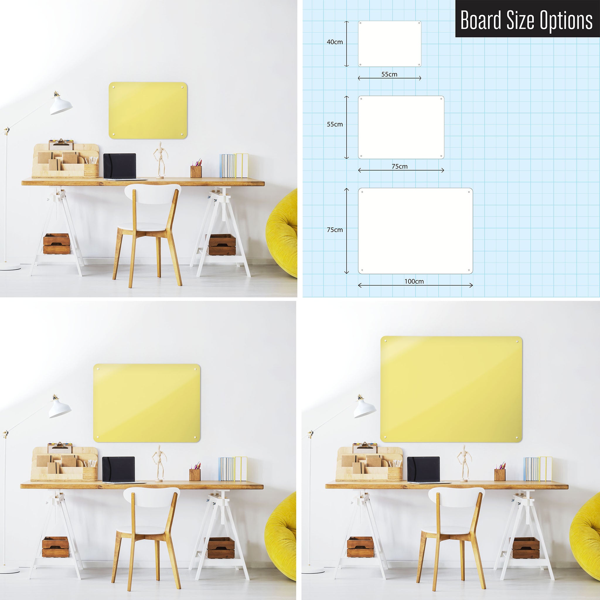 Three photographs of a workspace interior and a diagram to show size comparisons of a plain yellow magnetic notice board