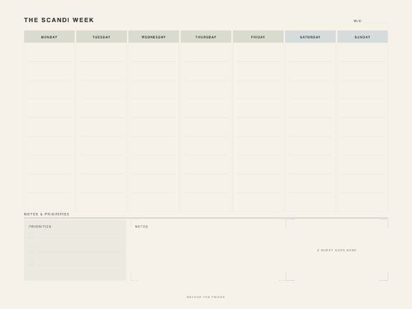 Weekly planner board: seven ruled day columns with sage and dusty blue headers over a Notes and Priorities band