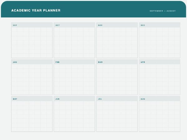 Annual planner board: twelve month boxes in a four by three grid with a deep teal header