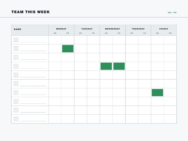 Team availability board: ten name rows with photo squares against Monday to Friday columns split into AM and PM