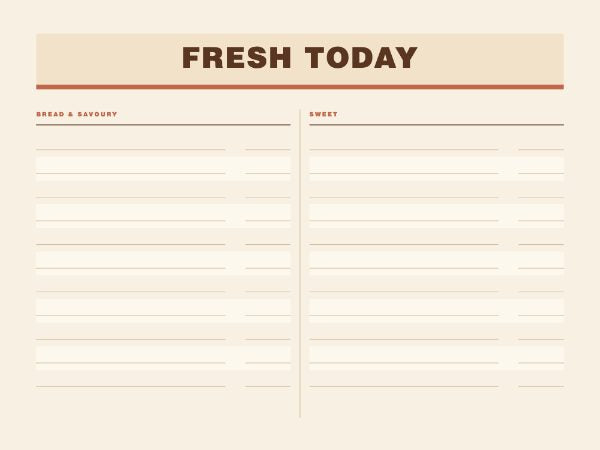 Bakery counter board: wide FRESH TODAY header over two columns of ruled lines for bakes and prices