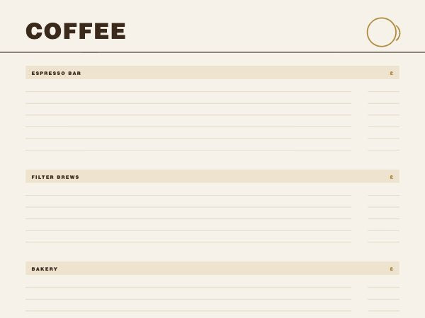 Coffee menu board: warm off-white ground with brown and brass type, three tinted section bars and ruled lines for items
