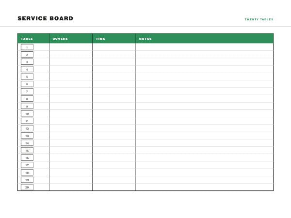 Front of house service board: twenty numbered table boxes against Covers, Time and Notes columns