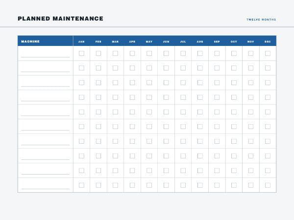 Planned maintenance chart: blank machine rows against twelve month columns of empty tick squares