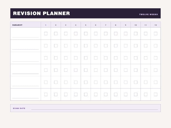 Revision planner: six subject rows against a twelve week grid of blank tick boxes with an exam date footer