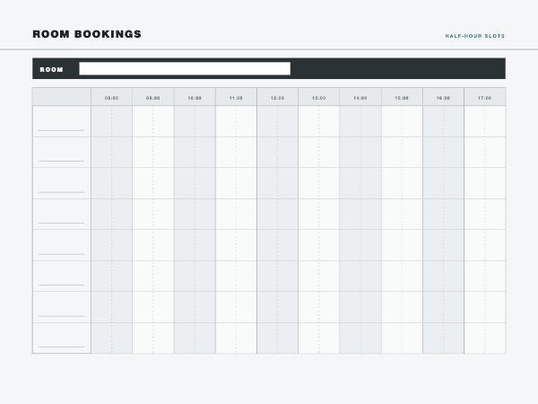 Room booking board: eight blank room rows against half-hour slots from 08:00 to 18:00 with alternating pale hour bands