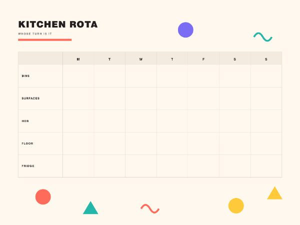 Kitchen rota board: Memphis shapes in coral, teal, yellow and violet around a seven-day grid