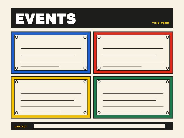 Student union noticeboard: large EVENTS header over four blank poster panels with pin marks and a contact footer