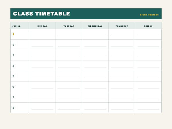 School timetable board: five day columns against eight numbered period rows in teal, mustard and off-white
